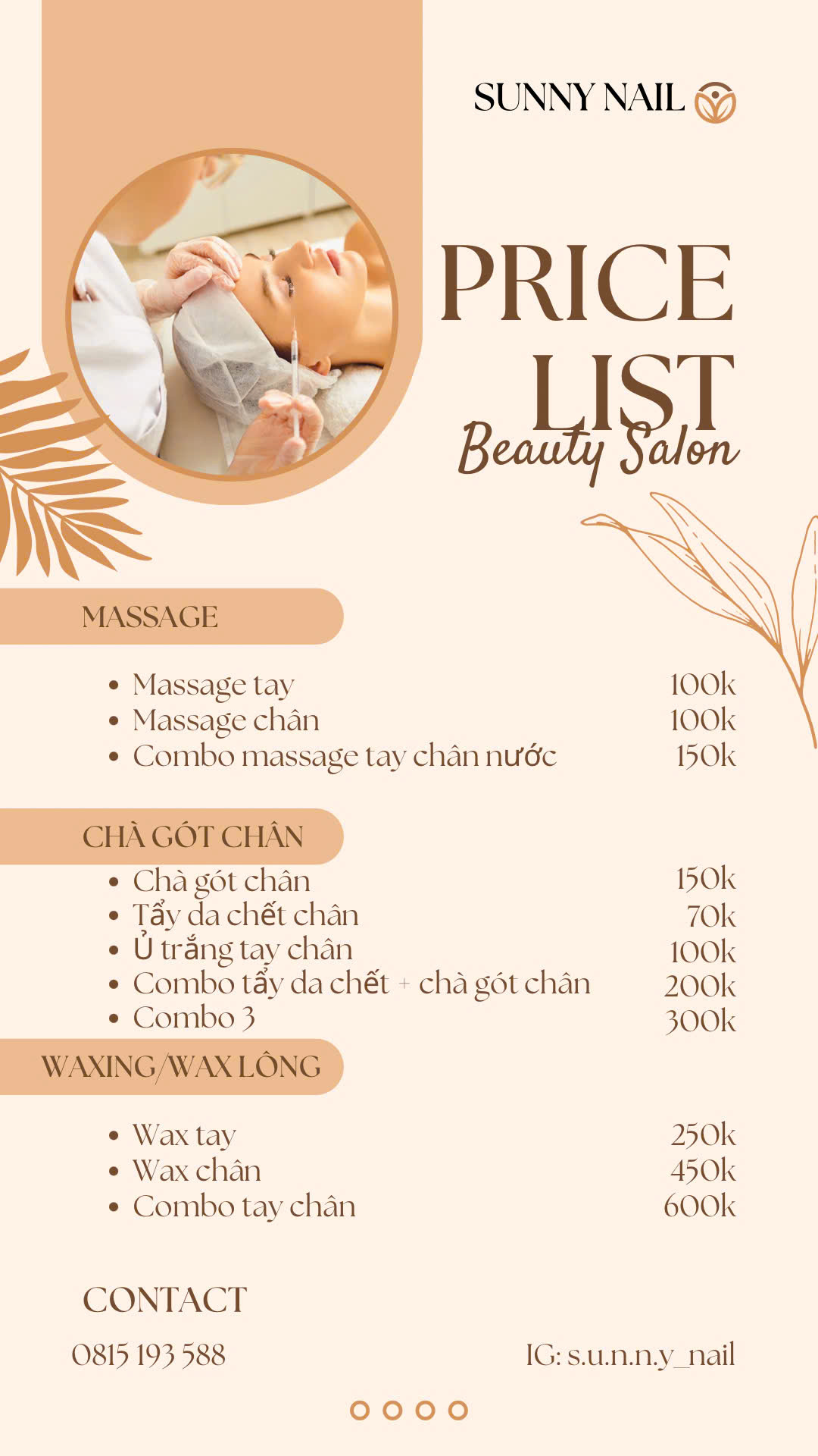 Menu massage Sunny Nail